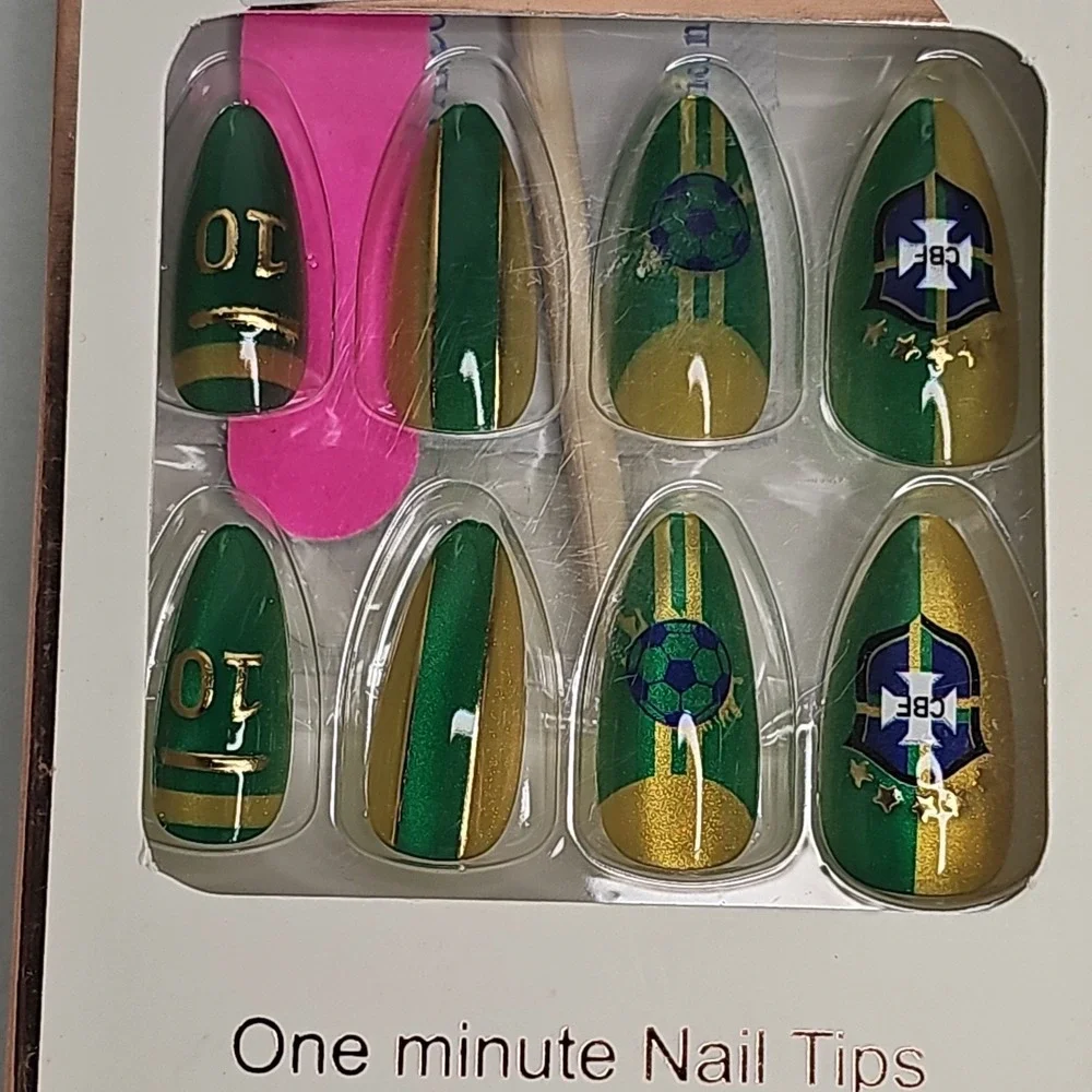 Medium Almond Soccer Artificial Nails Green/Gold Shiny Plastic 24pcs With Box